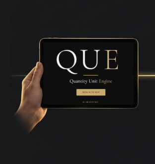 Stylist holding a tablet showing the QUE sign-in screen